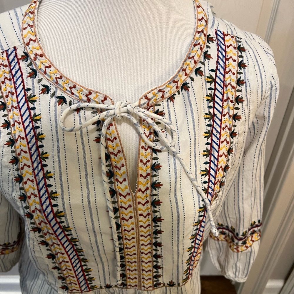 Peasant or Boho Top blue and White Stripes with Embroidery Large - Picture 2 of 5